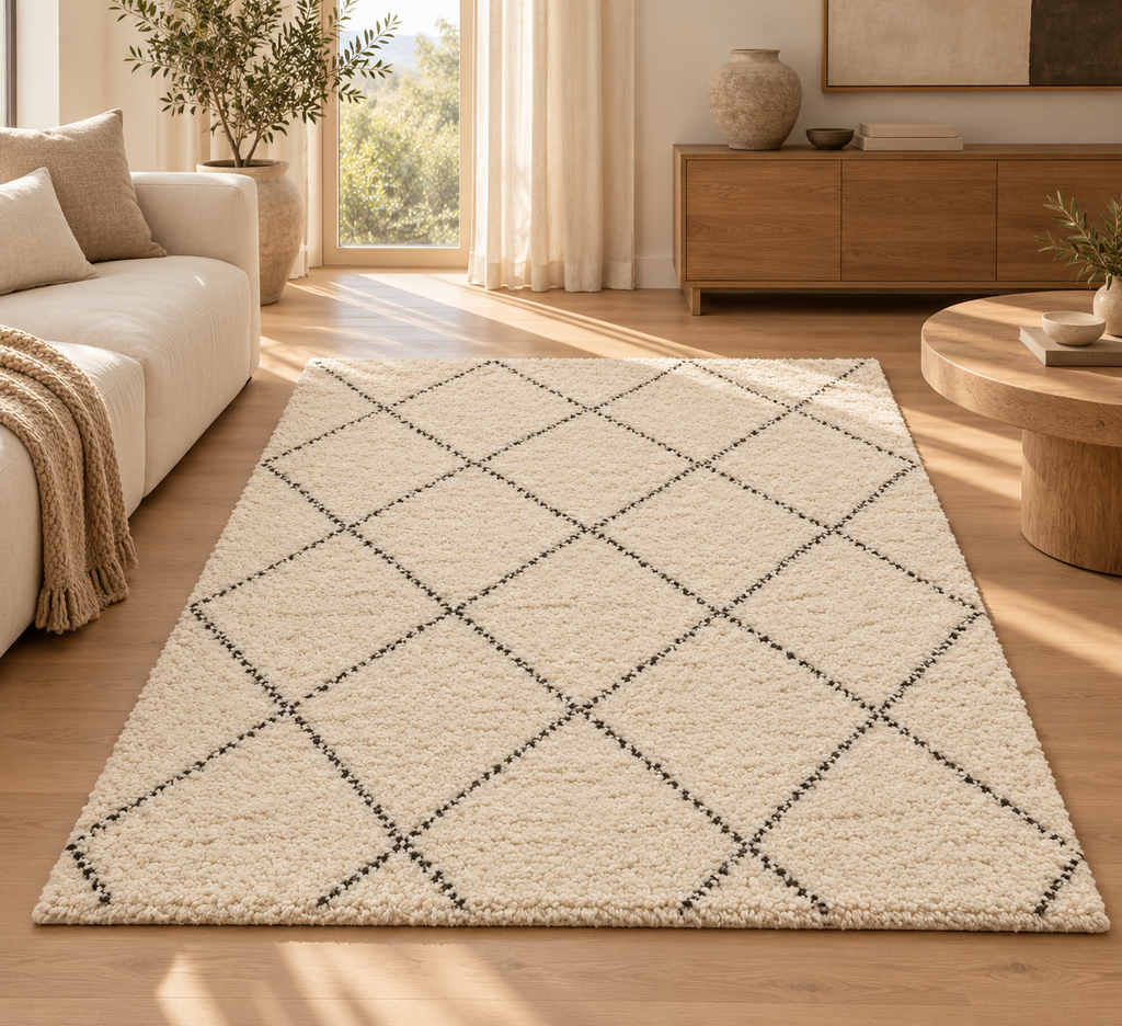 Tapis Beni Ourain ivoire à losanges dans un salon