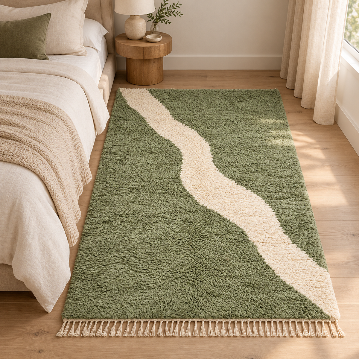 Tapis Mrirt vert sauge et ivoire dans une chambre