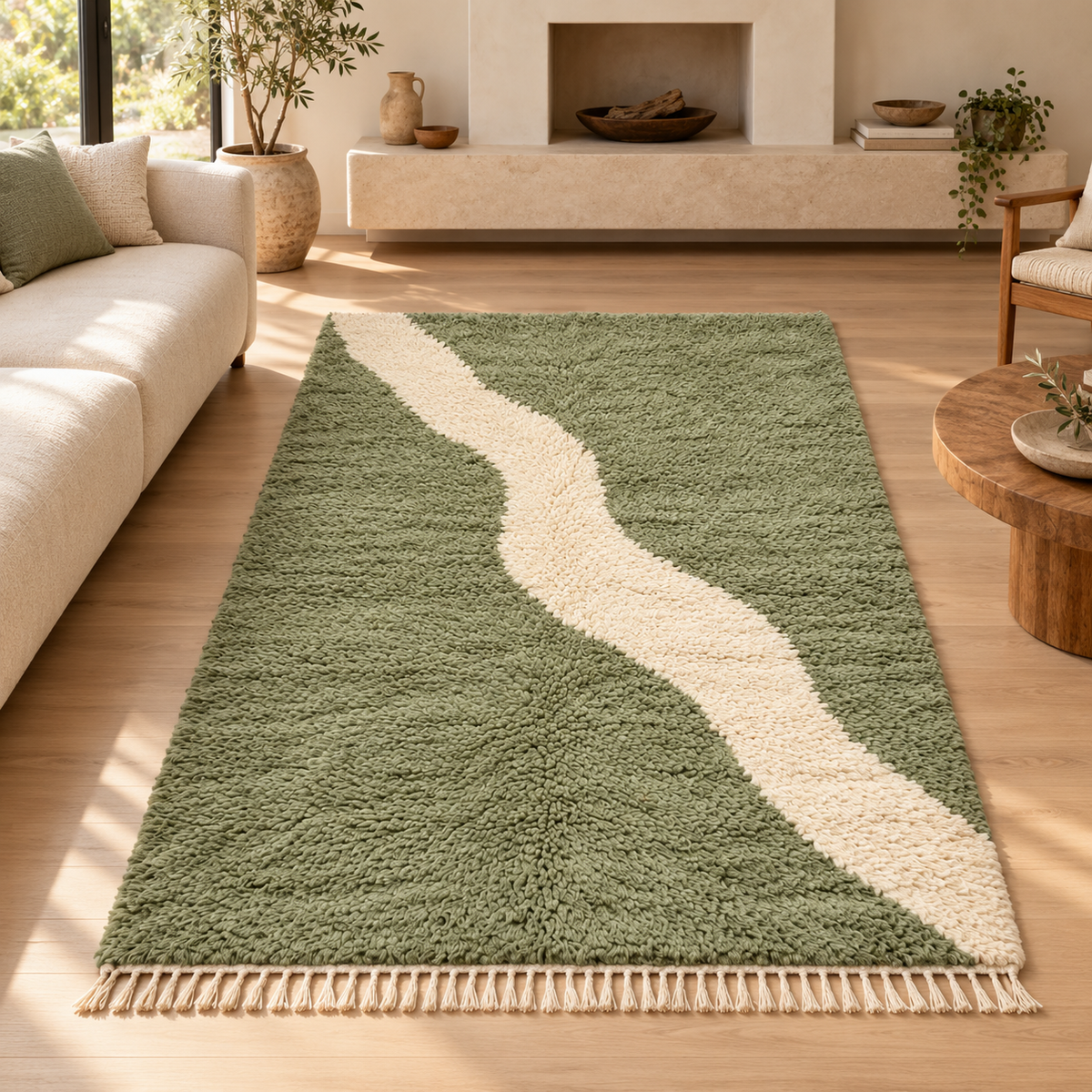 Tapis Mrirt vert sauge et ivoire dans un salon